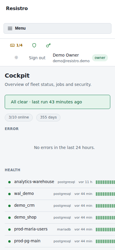 Resistro Enterprise Console — mobile view