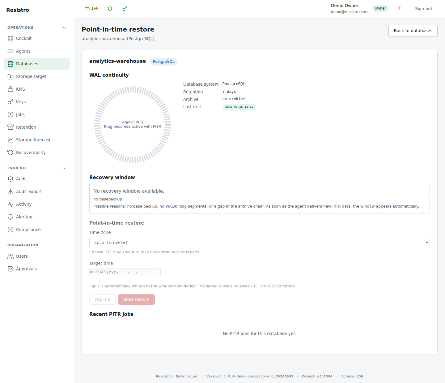 Resistro Enterprise Console — Point-in-time recovery with WAL ring