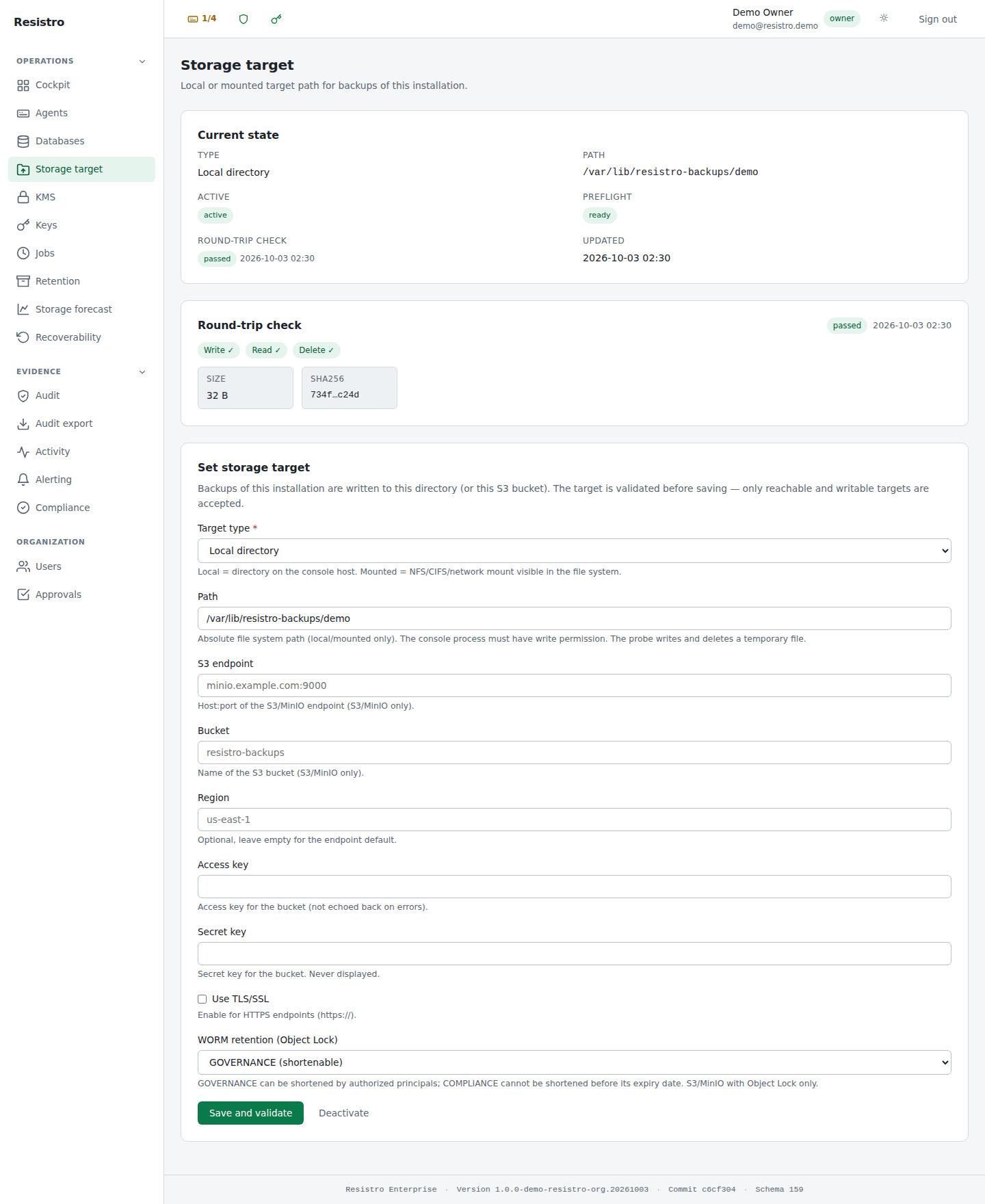 Resistro Enterprise Console — Storage targets