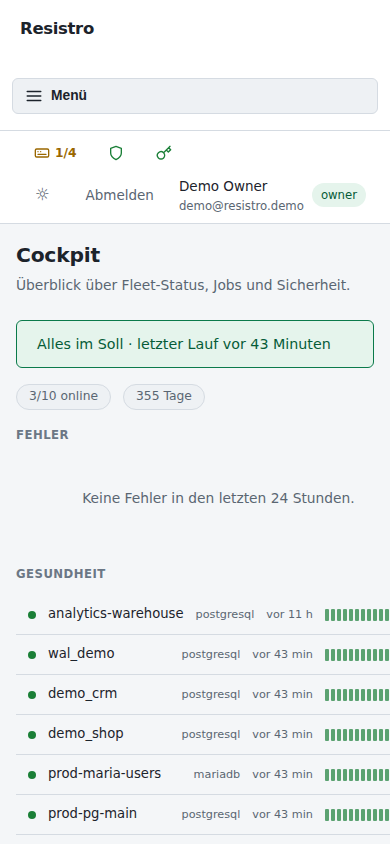 Resistro Enterprise Console — mobile Ansicht