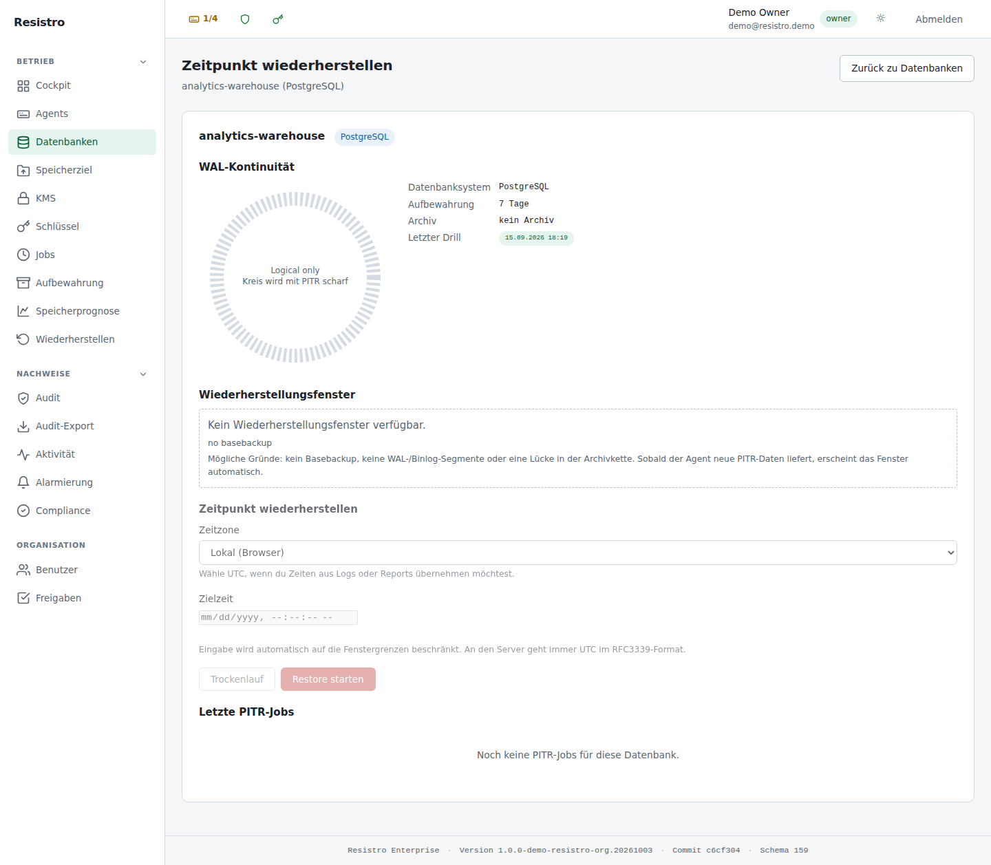 Resistro Enterprise Console — Point-in-Time-Recovery mit WAL-Ring