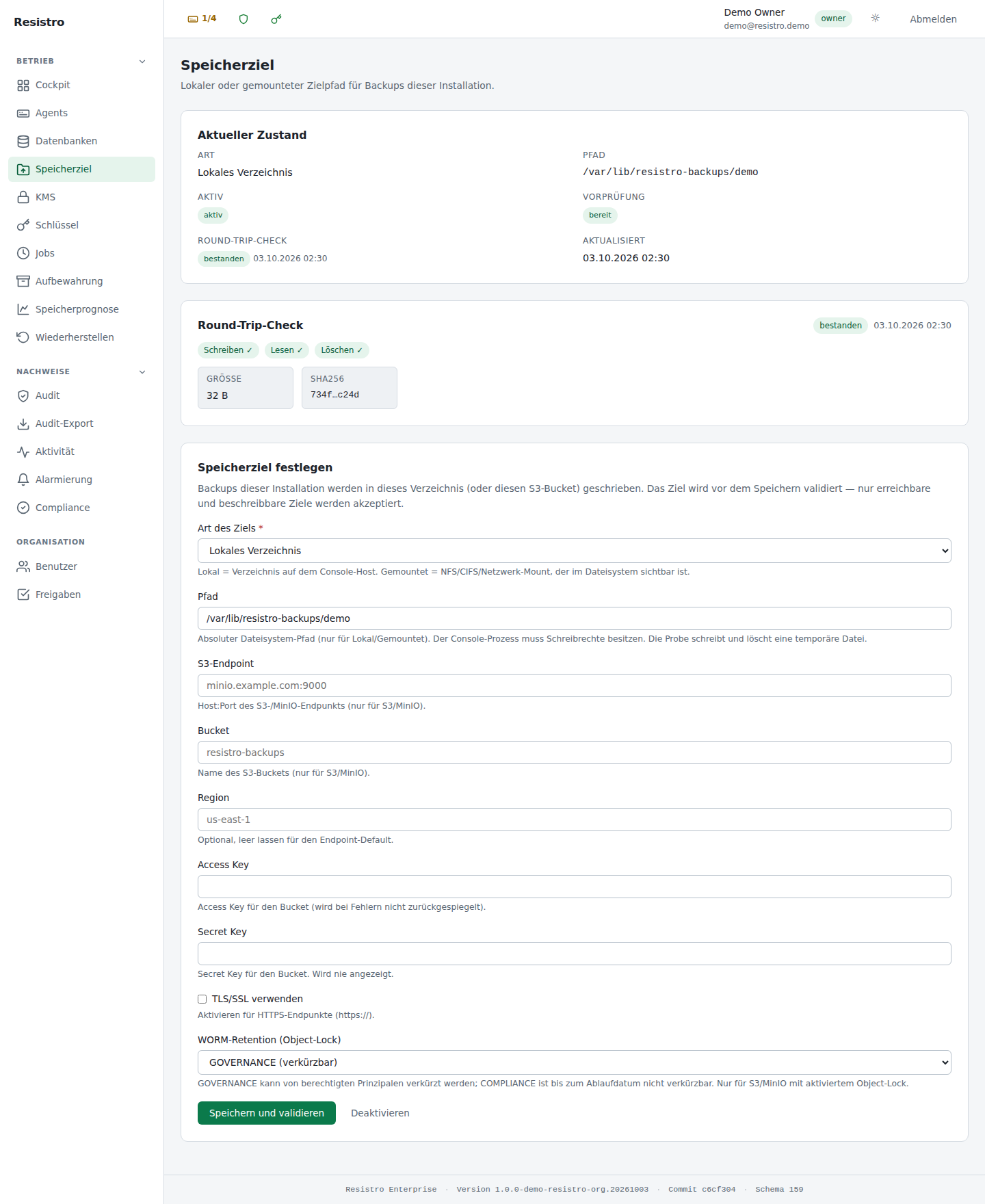 Resistro Enterprise Console — Speicherziele